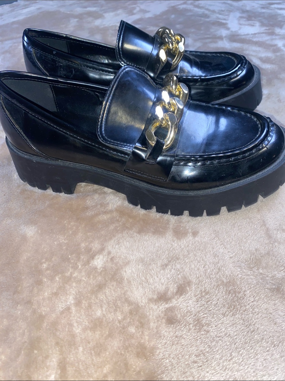 Guess Black Loafers with Gold Chain Accent